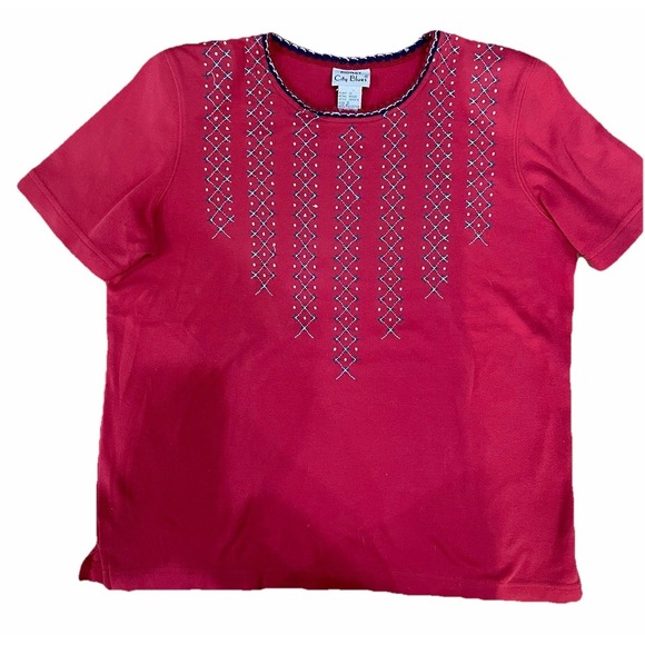 Koret City Blues Tops - Koret City Blues Vintage Red Knit Geometric Embroidered T-Shirt BK425 Small